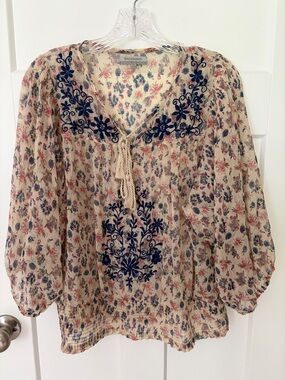World Market Boho Peasant Blouse S/M Floral Embroidered Sheer Cottagecore Top